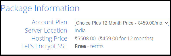 Package Information in Bluehost